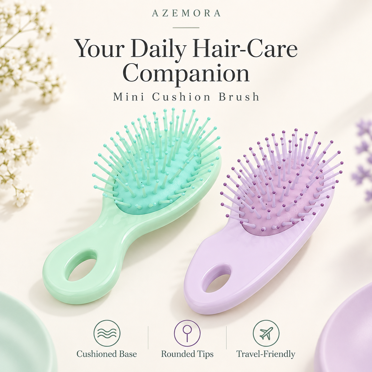 Lavender and mint mini cushion hair brushes. One random-color brush included.